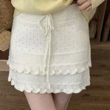 KYLETHOMASW  -  Knitted Mini Skirt Ruffles Solid Sweet Autumn Winter Y2k Retro Woman Skirts Korean Fashion Elegant Faldas Mujer