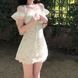 KYLETHOMASW  -  French Sweet Mint Green Floral Dress for Women Summer New Style Stunning Small Flying Sleeves Lace Waist Skirt