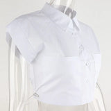 Kylethomasw  -  White Single Breasted Lapel Tops Sumemr Casual Crop Tops Patchwork Short Sleeve Bottoming Skinny Batwing Sleeve Backless Tees