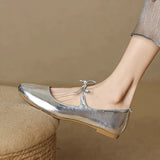 KYLETHOMASW  -  Women's Bow Square Toe Mary Jane Flat Shoes Genuine Soft Leather Low Heel Soft Sole Silver Spring Summer New Style