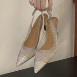 KYLETHOMASW  -  Fashion Stiletto Heeled Sandals Shining Rhinestone Slingback Pumps Mesh Pointed Toe High Heels Elegant Party Ladies Shoe