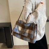 Kylethomasw 2024 Spring Fashion Woolen Plaid Large Capacity Tote Bag Korean Vintage Y2k High Street Trendy Women Shoulder Bag Designer Bag