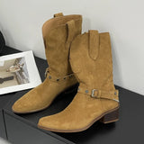 KYLETHOMASW  -  Retro Rivet Belt Buckle Ankle Boots Women Fashion Metal Chain Chunky Heel Designer Boots High Quality Faux Suede Mid Calf Boots