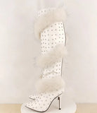 KYLETHOMASW  -  Fashion Leather Pointed Toe Over-the-Knee Boots Round Silver Studded Detail Plush Faux Fur Trim Stiletto Heel Punk Style Boots