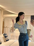 KYLETHOMASW  -  Blue Embroidered Shirts Lapel Sweet Temperament Blouses Vintage Y2k Clothing New Korean Fashion Blusa Mujer Moda