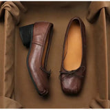 KYLETHOMASW  -  Retro Square toe folding Bowknot Soft Leather Women Pumps Ballet Style Thick High heels Casual Chunky Loafer Shoes