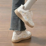 KYLETHOMASW  -  Retro Women Flower Embroidery Sneakers Beige Gum Sole Hook‑Loop & Lace‑Up Round Toe Cute Casual German Trainer Board Shoes