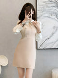 KYLETHOMASW  -  Autumn Elegant Patchwork Suit Dress Women Turn-down Collar Single Breasted Flare Sleeve Pleated Korean Chic Female New Clothes