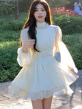 KIylethomasw Women French White Chiffon Dresses Summer Elegant Sleeve Slim Puff Sleeve bodycon Gentle Fairy Short Dress