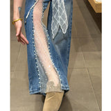 KYLETHOMASW  -  Women Jeans Pants Baggy Jeans Flare Trousers Lace Applique Crystal Wide Leg Jeans Pearl Slit Distressed Design Denim Pants