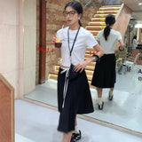 KYLETHOMASW  -  Preppy Style Pleated Skirt Women Vintage Korean Style Black Mid Length Skirt Harajuku Fashion Patchwork Classic Skirts