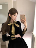 KYLETHOMASW  -  Evening Dresses Women Bow Velvet Long Sleeve Slim Vintage Elegant Birthday Party Cocktail Mini Dress Sexy Ladies Chic