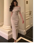 Kylethomasw Elegant Off Shoulder Evening Party Dresses for Women Summer New Fashion Slim Solid Vestidos Korean Prom Robe Female Clothing