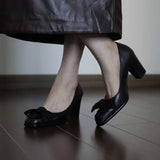 KYLETHOMASW  -  Retro Brown Chunky Heel Women Pumps Fashion Tie Bow Design Square Toe Mary Jane Shoes Spring Comfort Banquet Women's Shoes