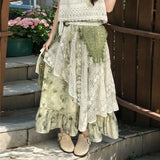 KYLETHOMASW  -  Vintage Tie Dye Printed Skirt Women Asymmetrical a-Line Skirt Elegant Lace Patchwork Midi Skirts Summer Y2k Mori Girl Skirt A056