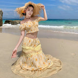 KYLETHOMASW  -  French Vacation Boho Beach 2 Piece Sets Womens Print Floral Outfits Summer Corp Top and High Waist Long Skirt Two Piece Set