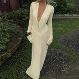 KYLETHOMASW  -  European American Autumn New Women's Clothing Sexy Solid Deep V-neck Button Slim High Waist Long Sleeve Dress for Women
