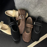 KYLETHOMASW  -  High Quality Woven Faux Suede Leather Mary Jane Shoes Women Metal Belt Buckle Design Shoes Comfortable Flat Loafers for Women