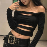 Kylethomasw Vintage Hollow Sexy Slim All Match Long-sleeved T-shirt Women 2024 Summer New Streetwear Strapless Casual Black Crop Tops