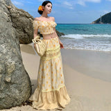 KYLETHOMASW  -  French Vacation Boho Beach 2 Piece Sets Womens Print Floral Outfits Summer Corp Top and High Waist Long Skirt Two Piece Set