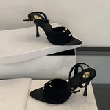 KYLETHOMASW  -  Comfort Hollow Out Metal Buckle Decoration Women Sandals Elegant Satin Ankle Strap Heels Pointed Toe Party Designer Women Shoes