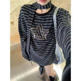 Kylethomasw Vintage Star Patchwork Loose Long-sleeved T-shirt Women Autumn New O-Neck Contrast Color Striped Casual Tops with Scarf