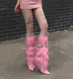 KYLETHOMASW  -  Pink Y2k Stiletto Metal Chain Boots Autumn Winter New Sexy Black High-heeled Fur Boots   on off