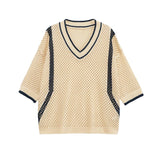 KYLETHOMASW  -  Women Hollow Out Knit Pullover Short Sleeve V Neck Casual Loose Sweater Autumn Tops