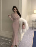 KYLETHOMASW  -  Sweet Hot Girl Sexy V-neck Twisted Dress Women's Autumn Lace-up Slim Fit Hip Wrapped Mermaid Long Dress Fashion Female Clothes
