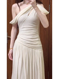 KYLETHOMASW  -  Elegant White One-Shoulder Dress Women's Summer New Beach Vacation High Waist Long Dress French Style Short Sleeve City