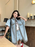 KYLETHOMASW  -  Casual Denim Suit Women's Summer Turn-down Collar Short-sleeved Shirt High Waisted Shorts Two-piece Set Fashion Female Clothes