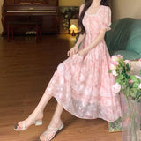 KYLETHOMASW  -  French tulip flower sweet temperament floral square neck long dress summer large size high waist thin gentle style dress