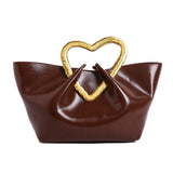 KYLETHOMASW  -  French Retro Oil Wax Pu Handbag Women Heart Shaped Golden Metal Handle Soft Ruched Large Tote Bag Versatile Daily Shoulder Bag