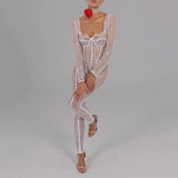 Kylethomasw Sheer Lace Hollow Out Sexy Jumpsuits Zip Up Backless Outfits Women Unitards Square Neck Romper Overalls One Piece