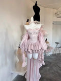 KYLETHOMASW  -  Trailing Tutu Skirt Set Fairy Sweet Princess Style High Waist Bow Slimming Tube Top Birthday Party Dress Lolita Outfits