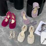 KYLETHOMASW  -  New Brand Women Sandal Fashion Furry Ladies Elegant Square Low Heel Dress Pumps Shoes Outdoor Slingback Shoes
