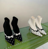 KYLETHOMASW  -  Elegant Pink Knit Sock Ankle Boots Black Polka Dot Print Mini Bow Decor Thin Stiletto Heel Boots Retro Sweet Style Fashion Shoes