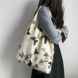 Kylethomasw Korean Butterfly Embroidered Lace Canvas Bag Large Capacity Casual All Match Women Shoulder Bag Fashion Shoping Handbag