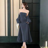 KYLETHOMASW  -  Women's Dresses Sets Solid V-Neck Long Cardigan+Waist Retraction Strapless Dress Sexy Elegant Knitted Two-Pieces Lady's Clothing