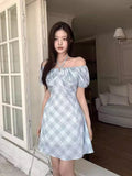 KYLETHOMASW  -  Retro Two-piece Contrasting Plaid Dress Women Summer New Style Temperament Lace Up Bubble Sleeve Short Dresses