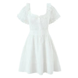 KYLETHOMASW  -  Pretty Girl Holiday Summer Dresses Women O Neck Short Sleeve A-line Mini Hollow Out Embroidery White  Dress Backless Robe