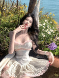 KYLETHOMASW  -  Seaside Vacation Style High Waist Slimming Suspender Dress Sweet Beautiful Woman Pure Lace Splicing Puffy Short Dresses