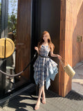 KYLETHOMASW  -  Korean Blue Plaid Camisole Dress Women's Summer Original Design Slim Paneled Irregular Dress Casual High-street Fashion Clothes