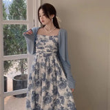 KYLETHOMASW  -  Autumn 2PCS Sexy Spaghetti Strap Print Dress for Women A-line Long Dress Slim Fit Temperament Elegant Vacation Beach Dress