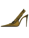 KYLETHOMASW  -  Women's Satin Ruffled Slingback Pumps Pointed‑Toe Pleated Stiletto High Heels Backless Slim Fit Elegant Dress Shoes luxury