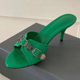 KYLETHOMASW  -  Summer Metal Buckle Strap Women's Sandals Round Toe Thin High Heels Breathable Female Pumps Peep Toe Slip-on Sexy Madam Slippers