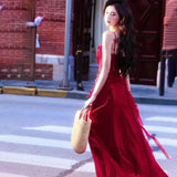 KYLETHOMASW  -  Vintage Red Midi Dress Women Elegant Party Prom Ruffles Spaghetti Strap Dresses Summer Fairy Korean Bodycon Chic Vestidos