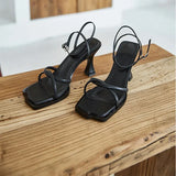 KYLETHOMASW  -  Summer Narrow Band Heel Sandals Female high heel Ankle Strap Fashion Square Toe Ladies Dress Sandalias Women's Shoes
