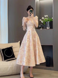 KYLETHOMASW  -  New Bubble Sleeve Pink Floral Waist Cinching 2025 Summer Women Printing Gentle French Slimming Temperament Long Dresses