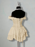 KYLETHOMASW  -  Jacquard Splicing Pleated Ruffle Edge Off-the-shoulder Multi-layer Ruffle Edge Hem A-word Chiffon Mini Dress